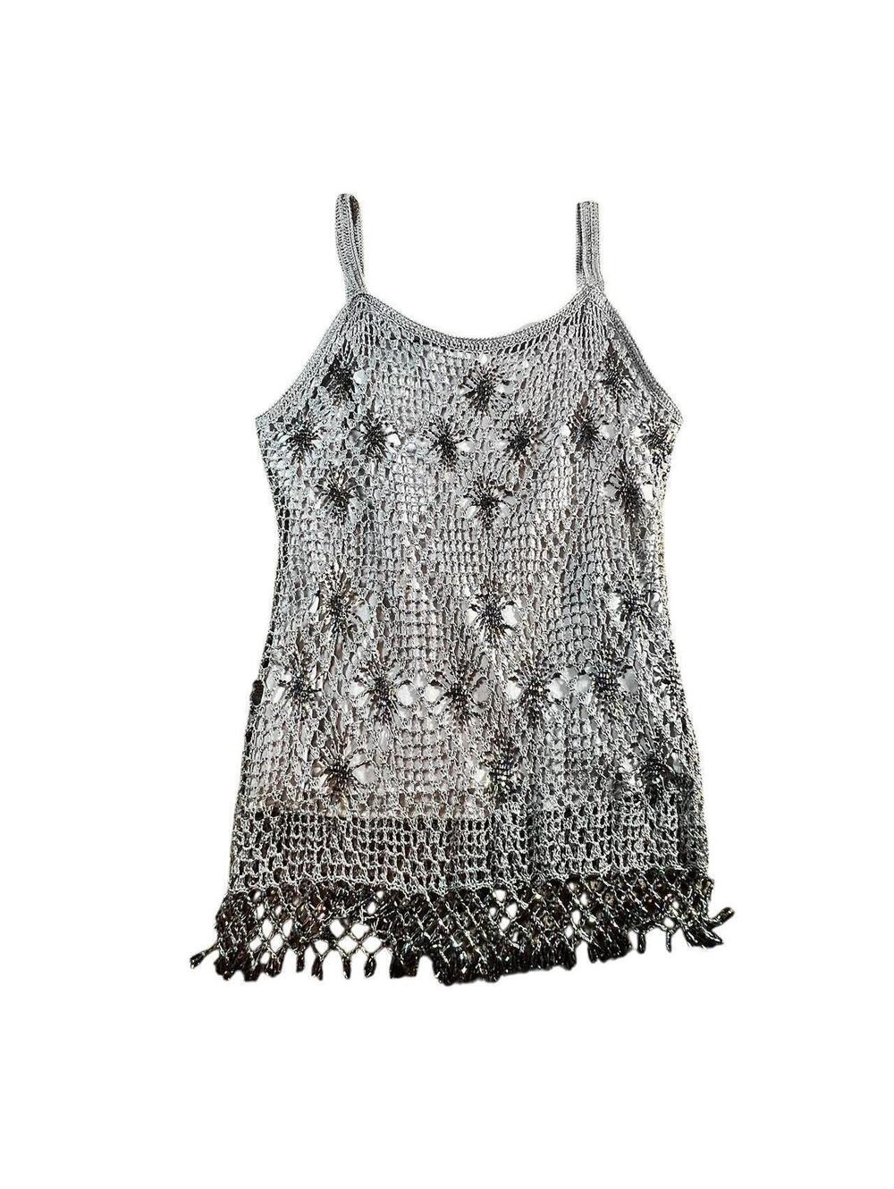 Vintage Silver Beaded Crochet Tank Top